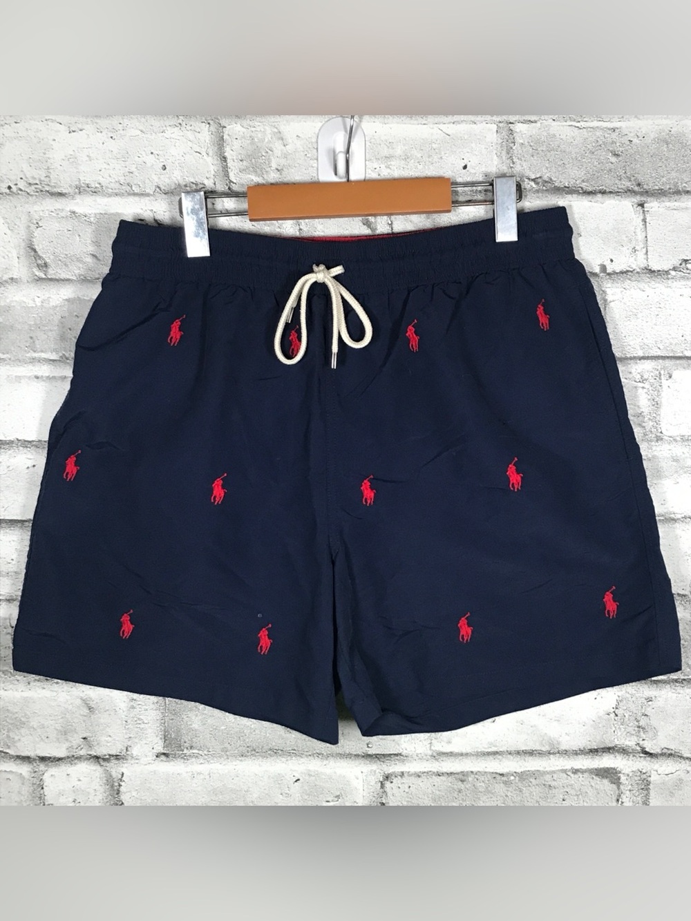 Polo by Ralph Lauren Navy and Red Swim Shorts with Gold Logo